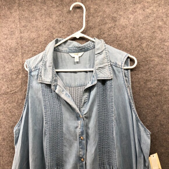 NWT Terra Sky Sleeveless Chambray Button Up Shirt Womens 2X Blue Pintuck - Picture 3 of 9